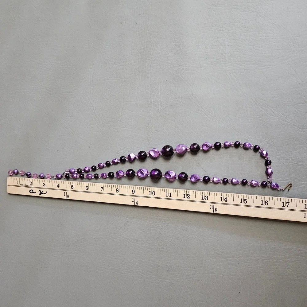Vintage Purple Bead Double Strand Necklace and Clip On Earring Set Mid Century